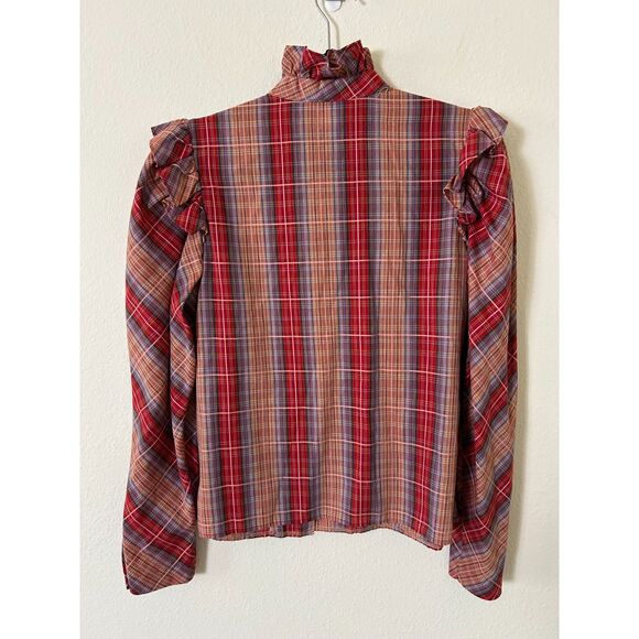 VTG Notations Ruffle blouse red plaid western prairie Sz10 Edwardian cottagecore - Picture 2 of 9